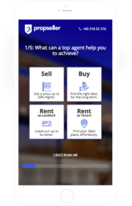 Screenshot from Propseller's website questionnaire to help connect clients with top Property Agents specialised for their needs