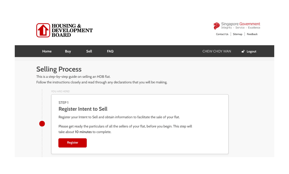 Screenshot from HDB site to register intent to sell