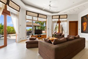 Cozy living area with beach view